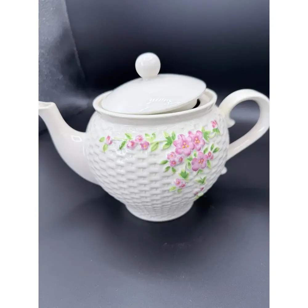Vintage 1985 Teleflora Ceramic Teapot White Basket Weave Pink Floral Roses